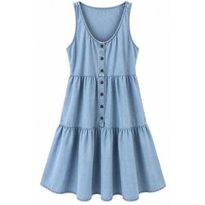 True Craft Light Wash Denim Tiered Babydoll Button Front Mini Dress Medium